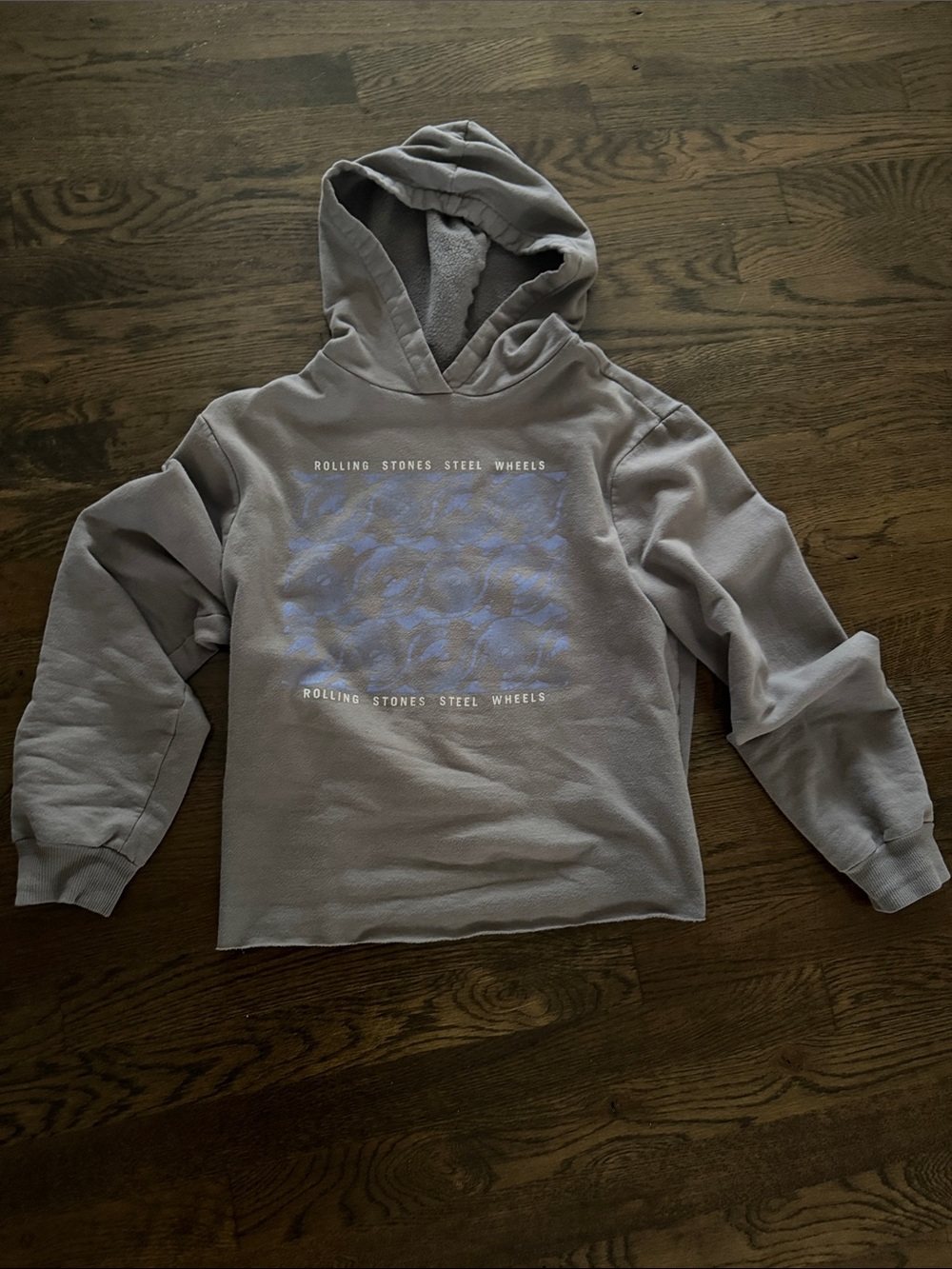Rolling Stones Gray Crop Hoodie with Faded Blue Graphic